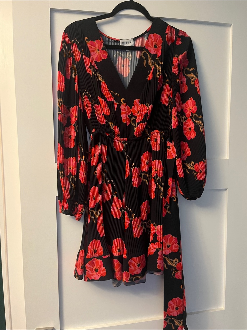 Milly Liv Floral Pleated Mini Dress Black Red Size 4